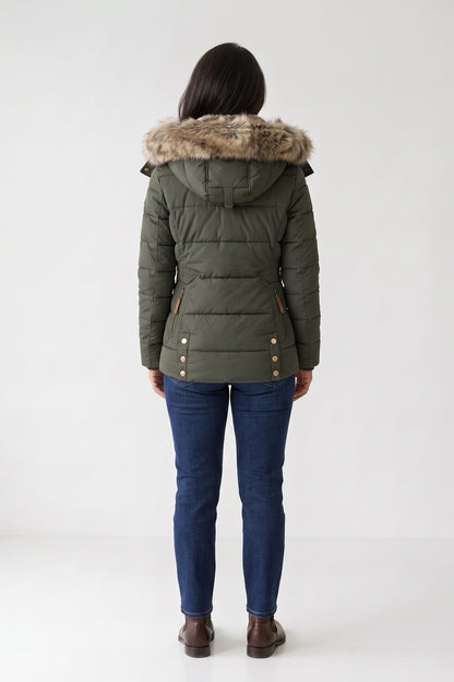 Women's Puffer Jacket | Fur-Trimmed Hood — Green — back view — on model