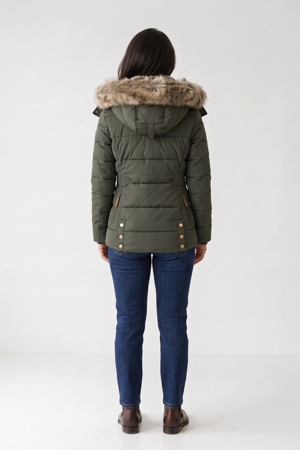 Women's Puffer Jacket | Fur-Trimmed Hood — Green — back view — on model
