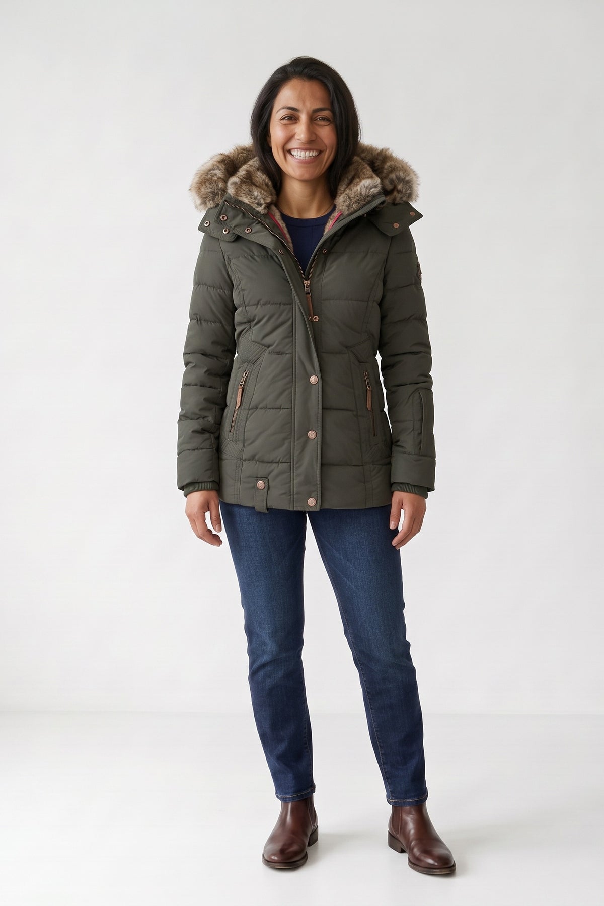 Women's Puffer Jacket | Fur-Trimmed Hood — Green — front view — on model