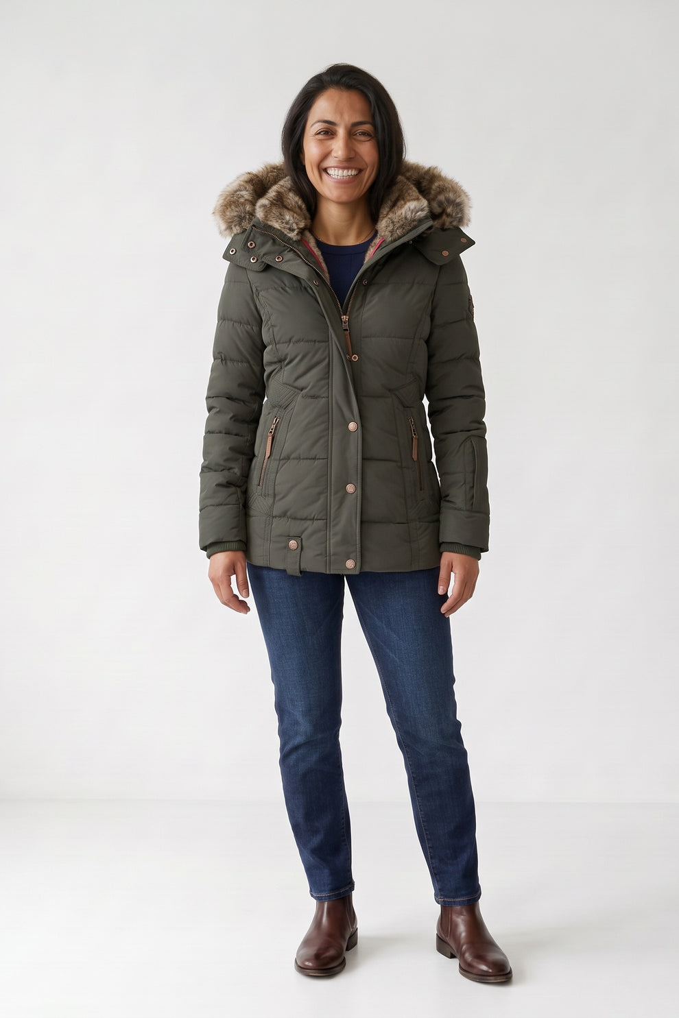 Women's Puffer Jacket | Fur-Trimmed Hood — Green — front view — on model