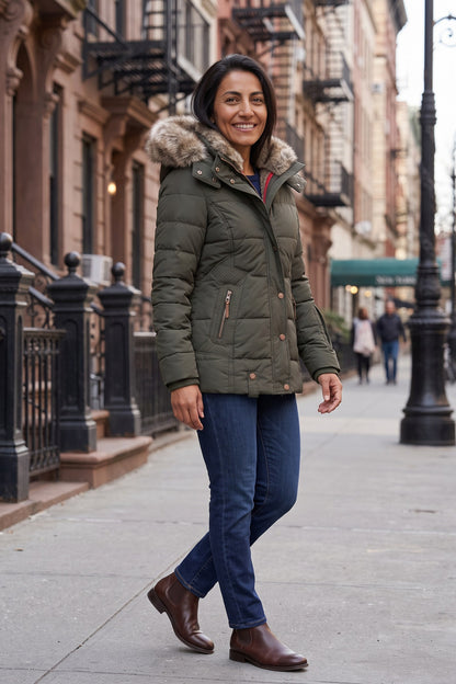 Women's Puffer Jacket | Fur-Trimmed Hood — Green — lifestyle — on model