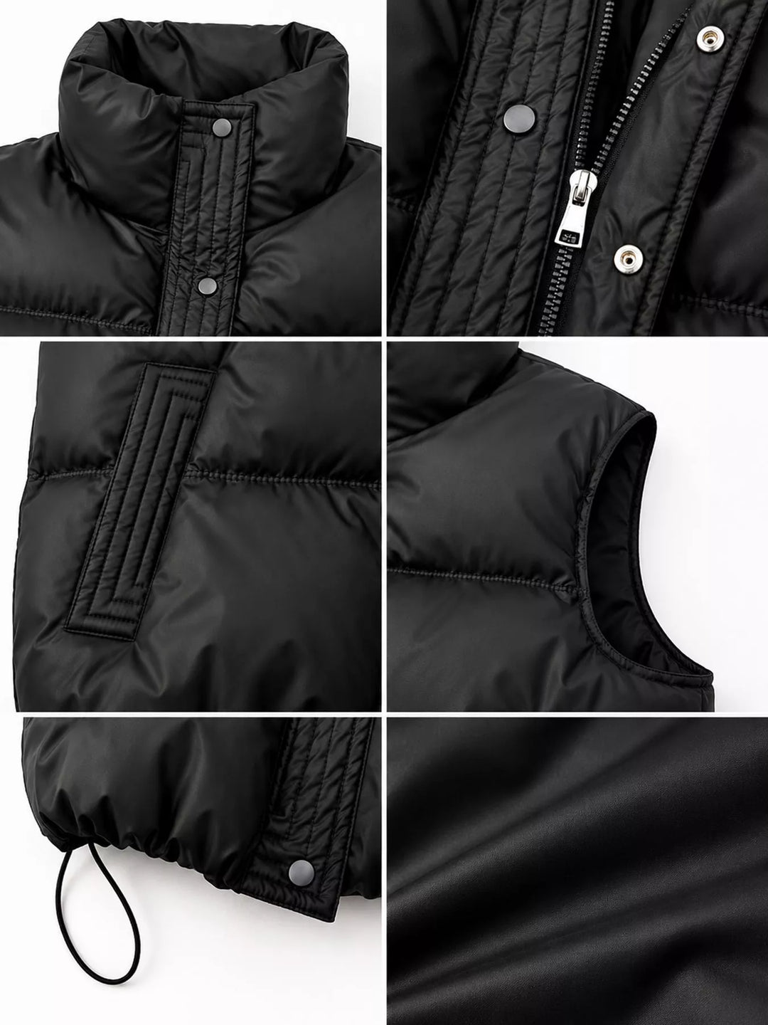 Cropped quilted stand collar drawstring hem in black, close-up detail