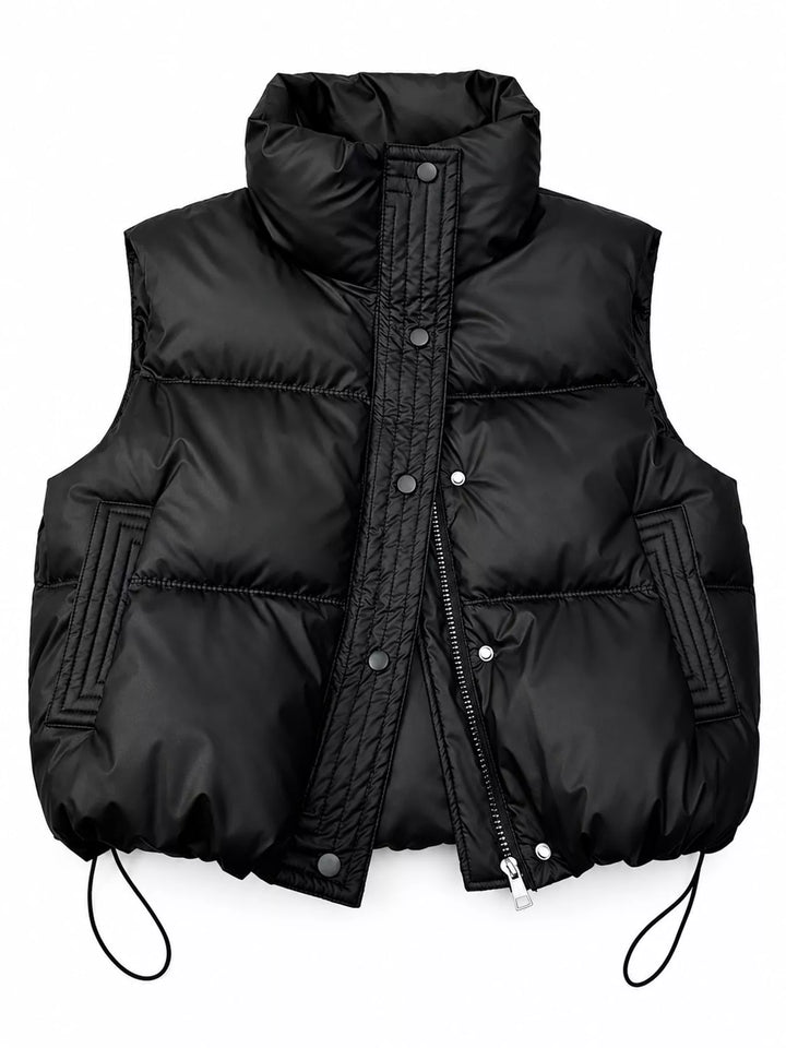 Cropped quilted stand collar drawstring hem in black, flat lay