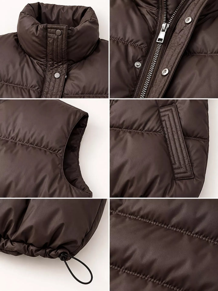 Cropped quilted stand collar drawstring hem in coffee, close-up detail