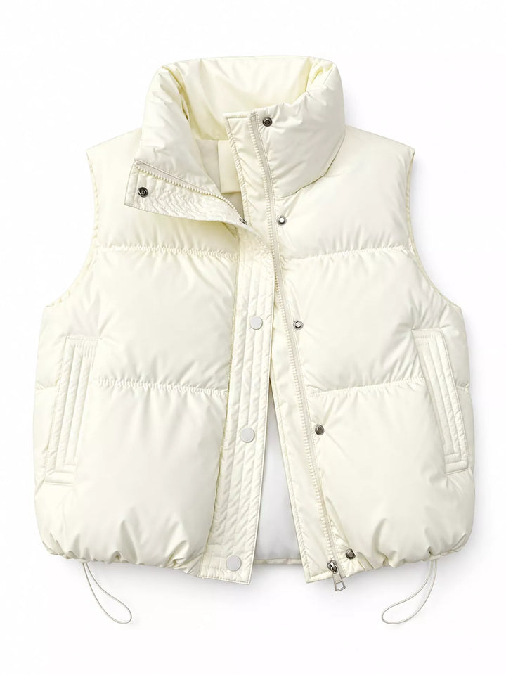Cropped quilted stand collar drawstring hem in white, flat lay