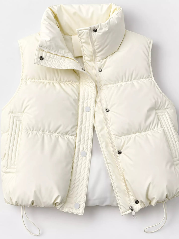 Cropped quilted stand collar drawstring hem in white, styled on model 2
