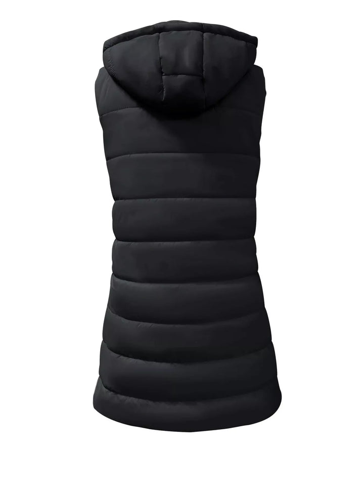 Back view of the black quilted vest with hood on a plain white background