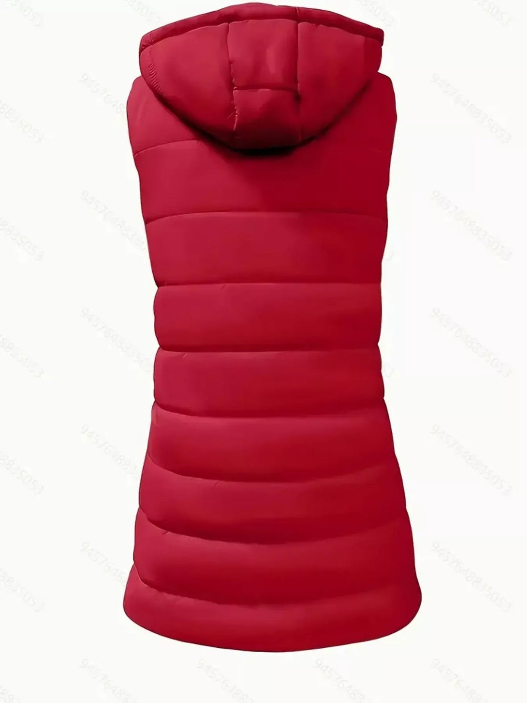 Back view of the red quilted vest with hood on a white background
