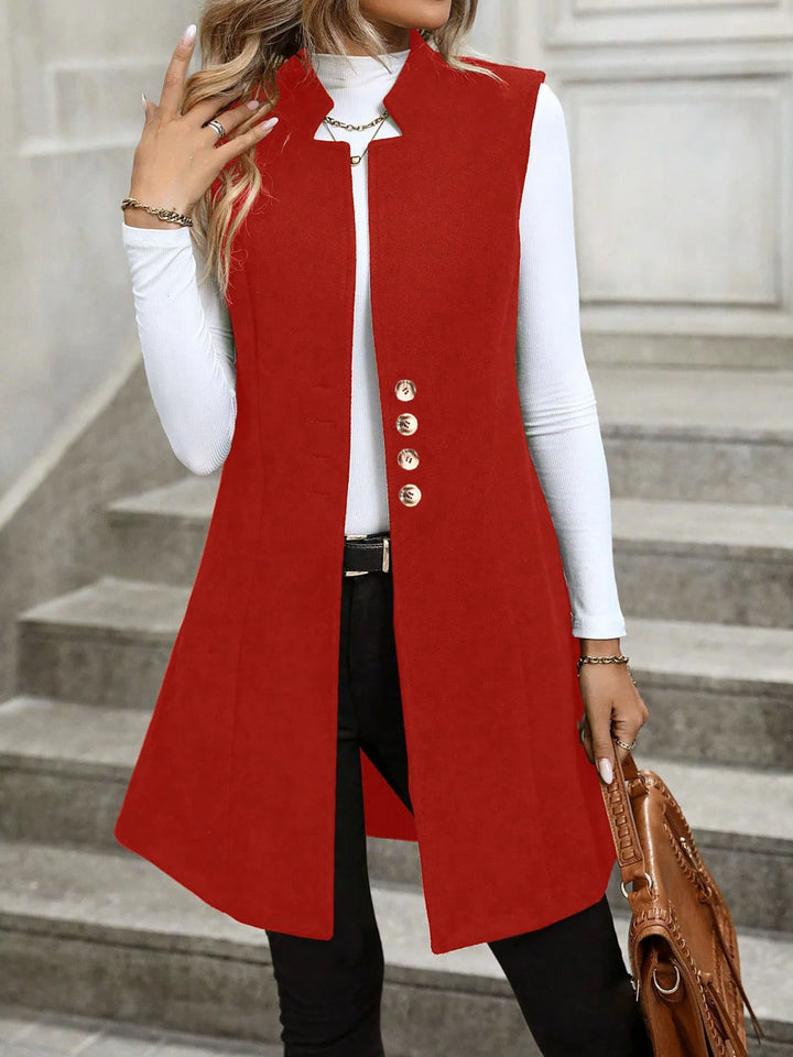 Longline stand collar button side pockets in red, styled on model