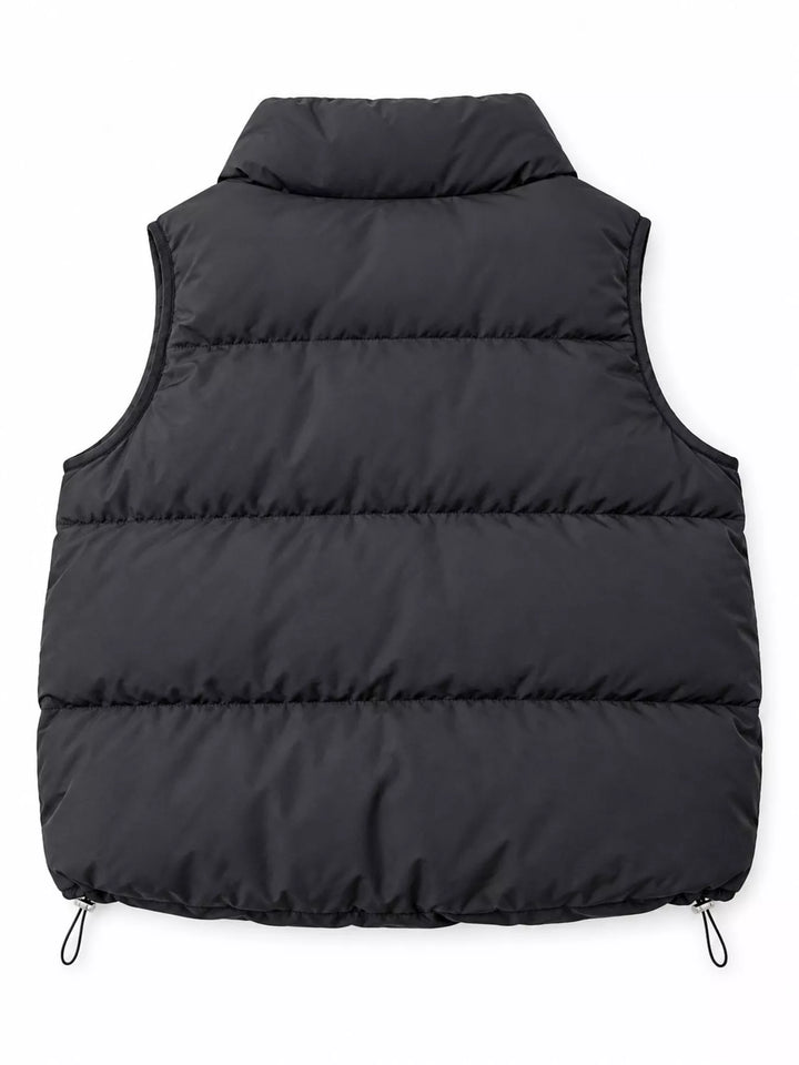 Quilted stand collar zip front in black, back view