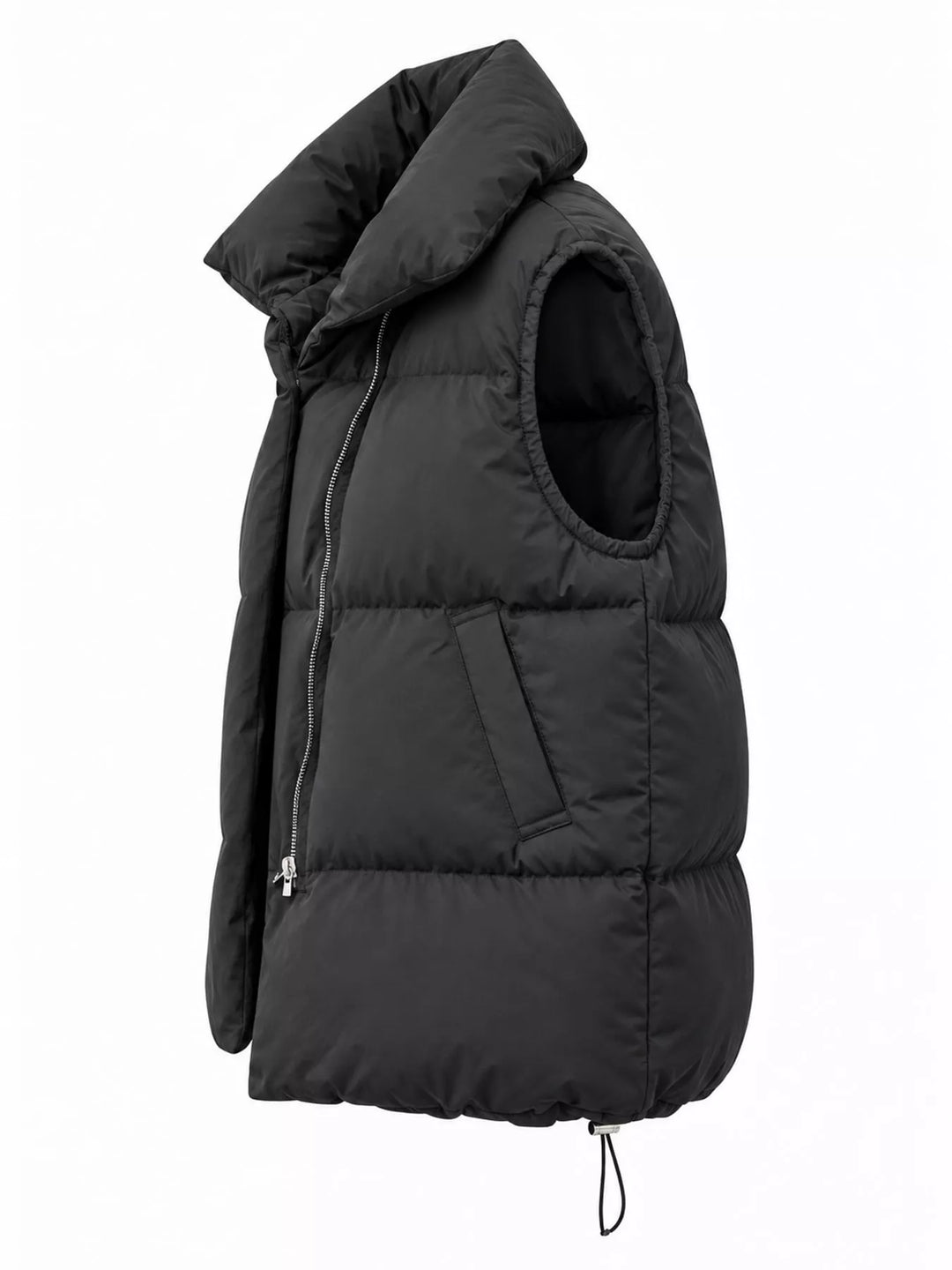 Quilted stand collar zip front in black, styled on model