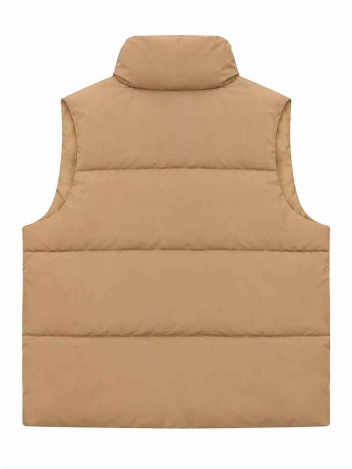 Quilted stand collar zip front in khaki, back view