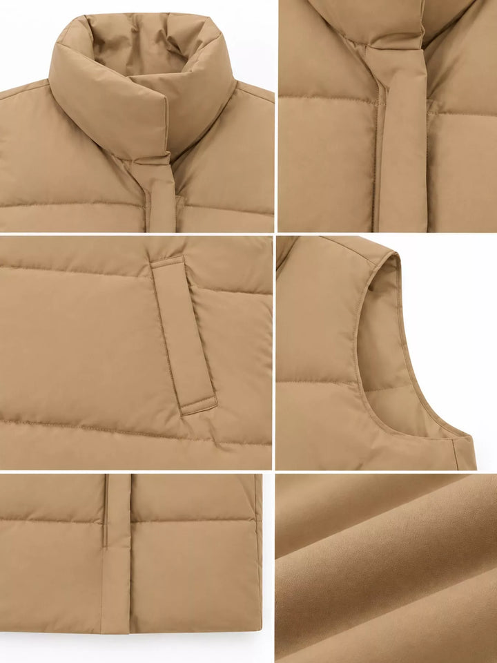 Quilted stand collar zip front in khaki, close-up detail