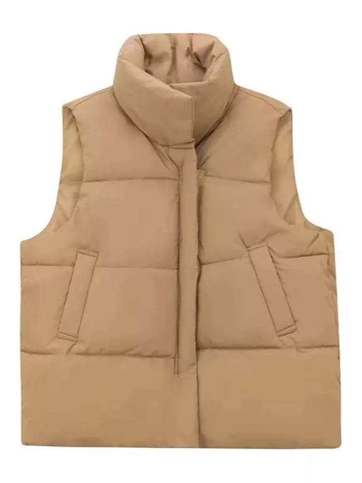 Quilted stand collar zip front in khaki, front view 2
