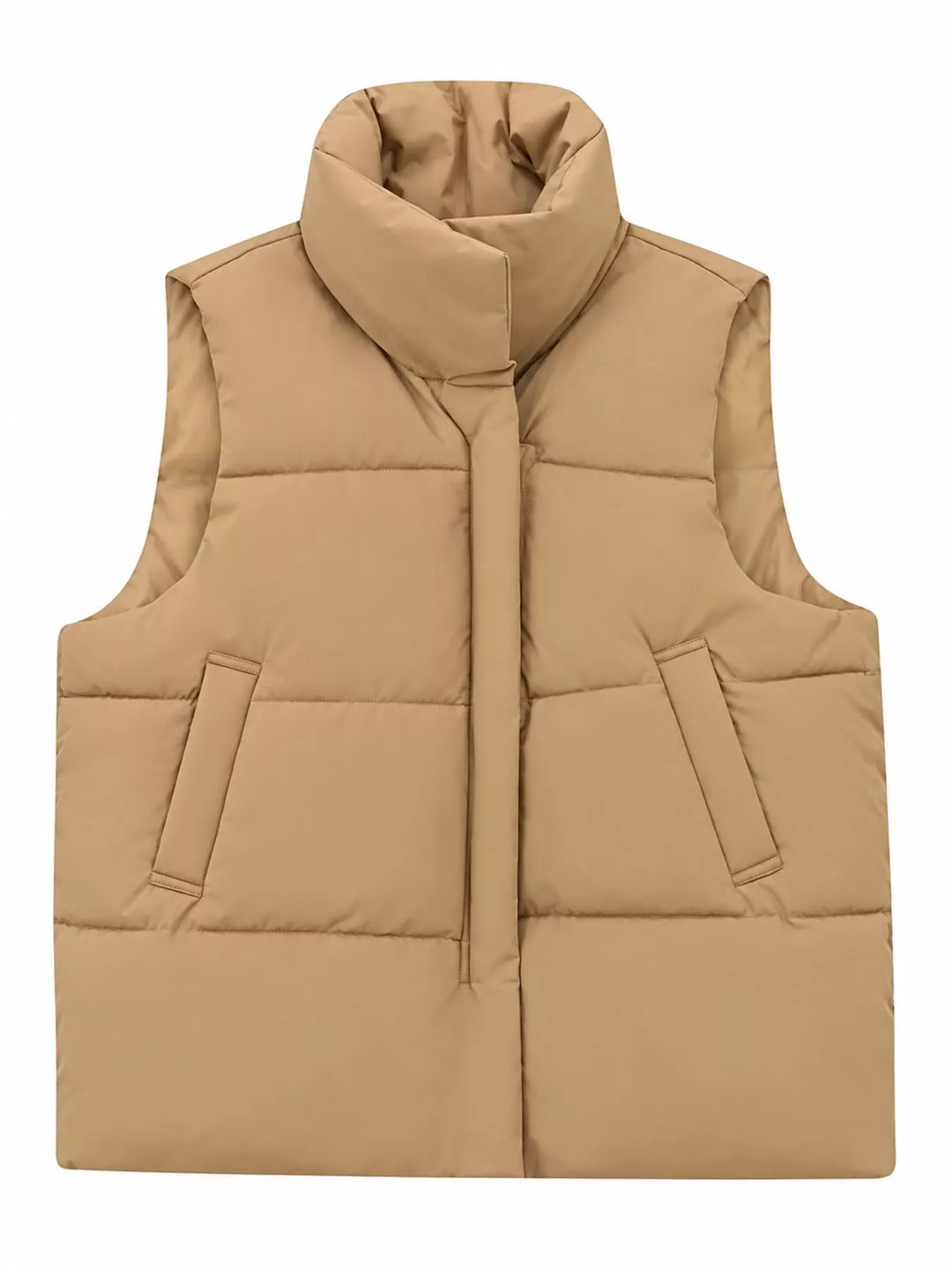Quilted stand collar zip front in khaki, front view