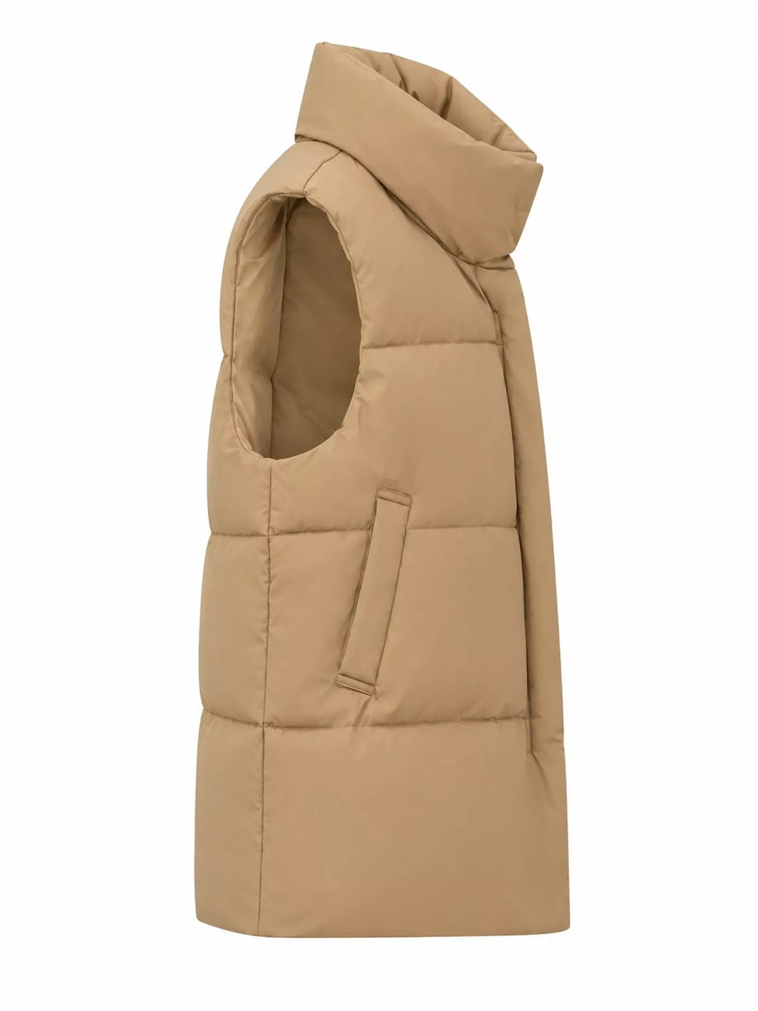 Quilted stand collar zip front in khaki, styled on model