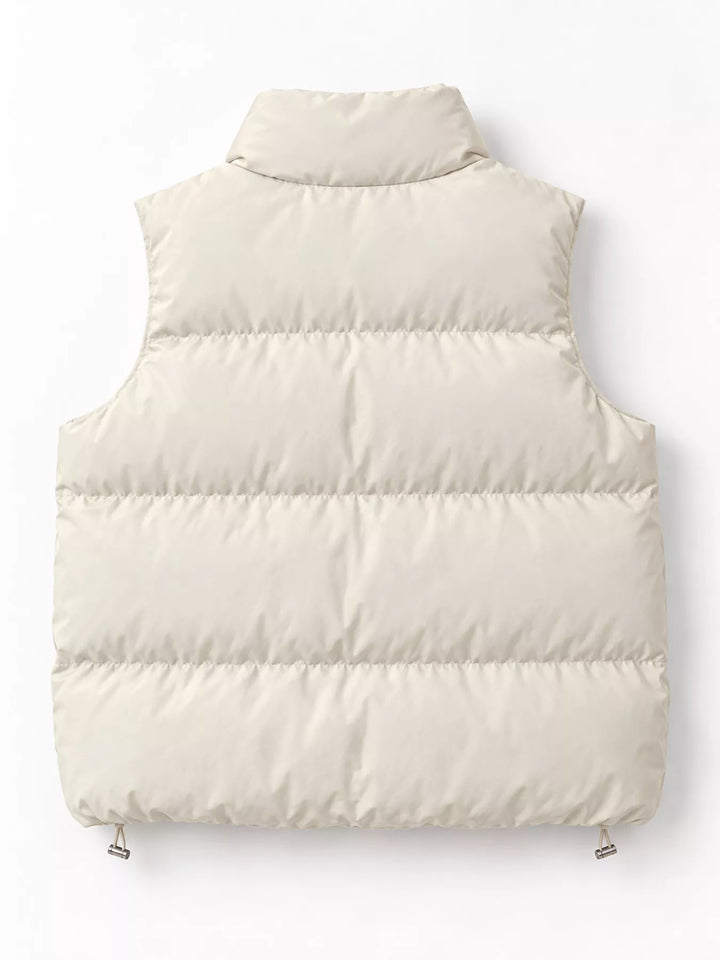 Quilted stand collar zip front in off-white, back view