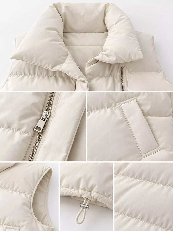 Quilted stand collar zip front in off-white, close-up detail