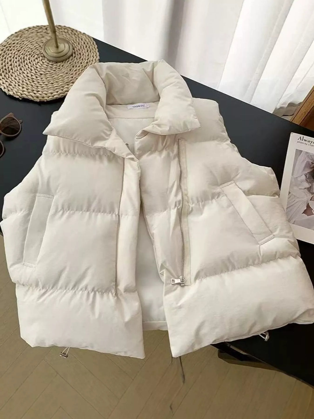 Women's puffer vest in off-white, quilted stand collar zip front