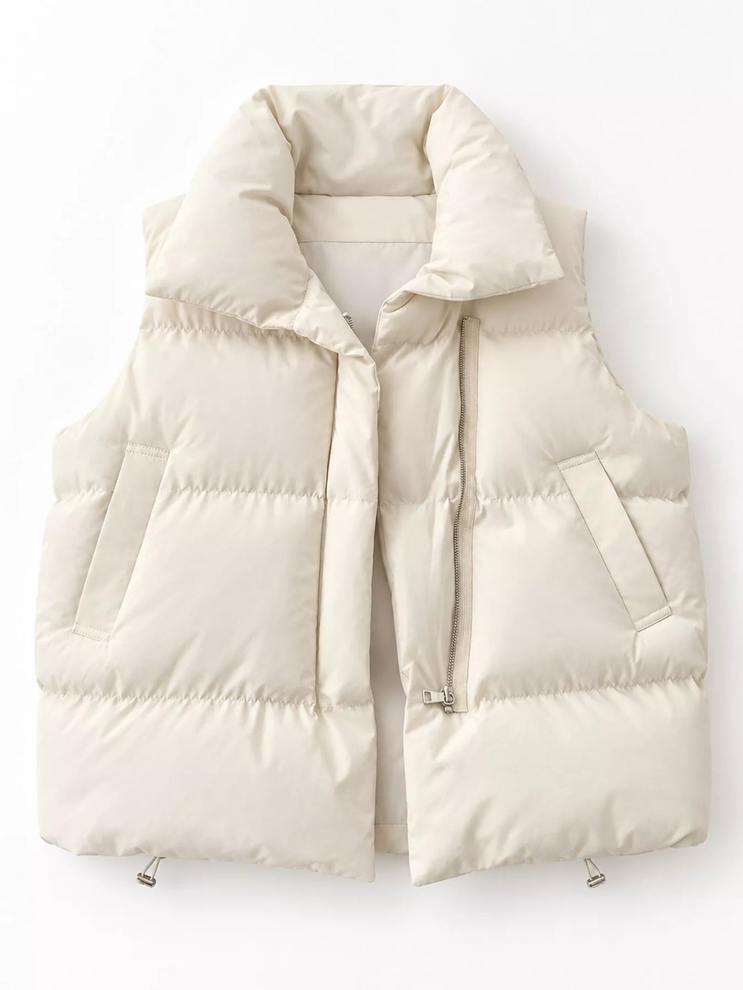 Quilted stand collar zip front in off-white, front view