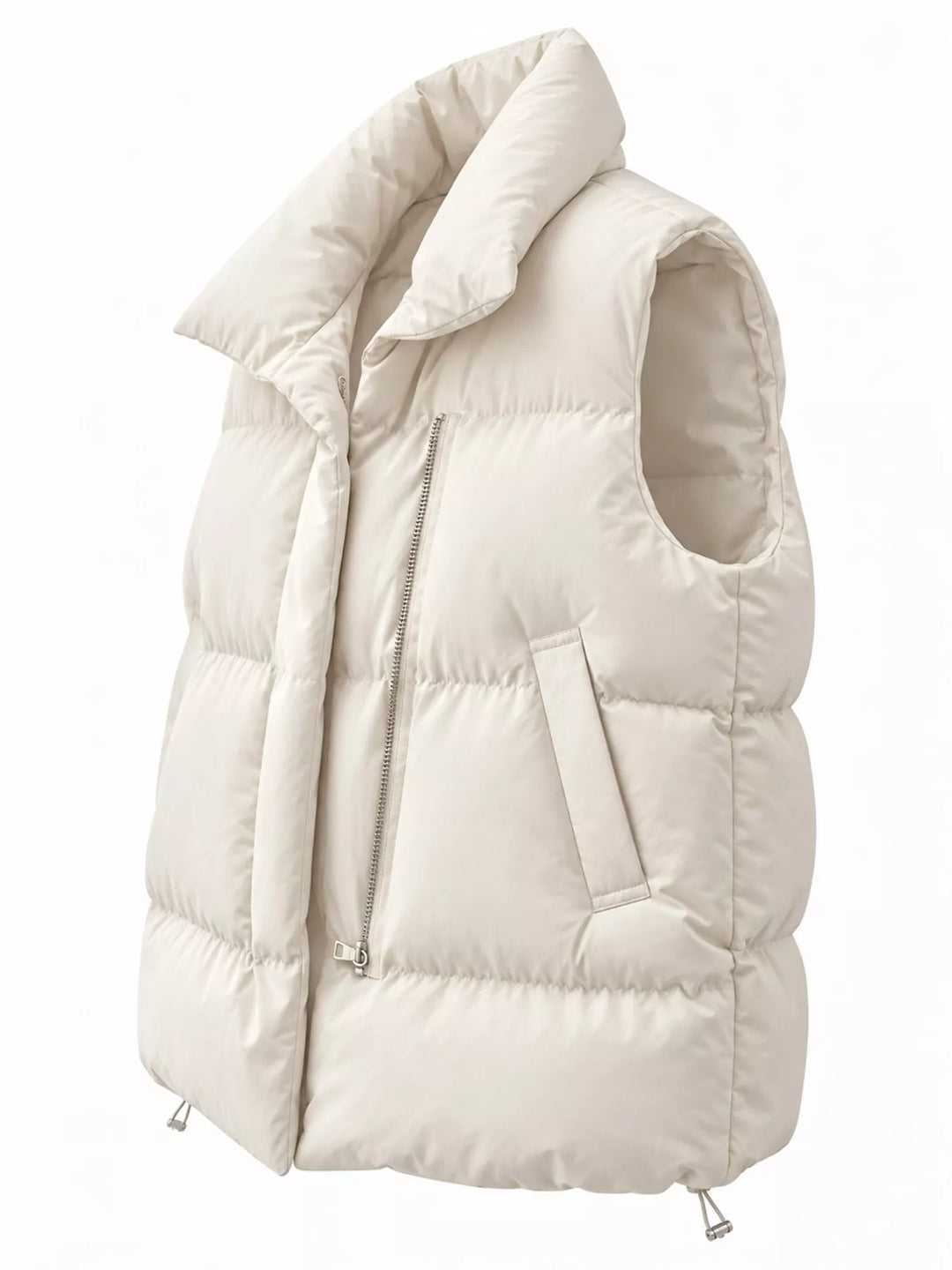 Quilted stand collar zip front in off-white, styled on model