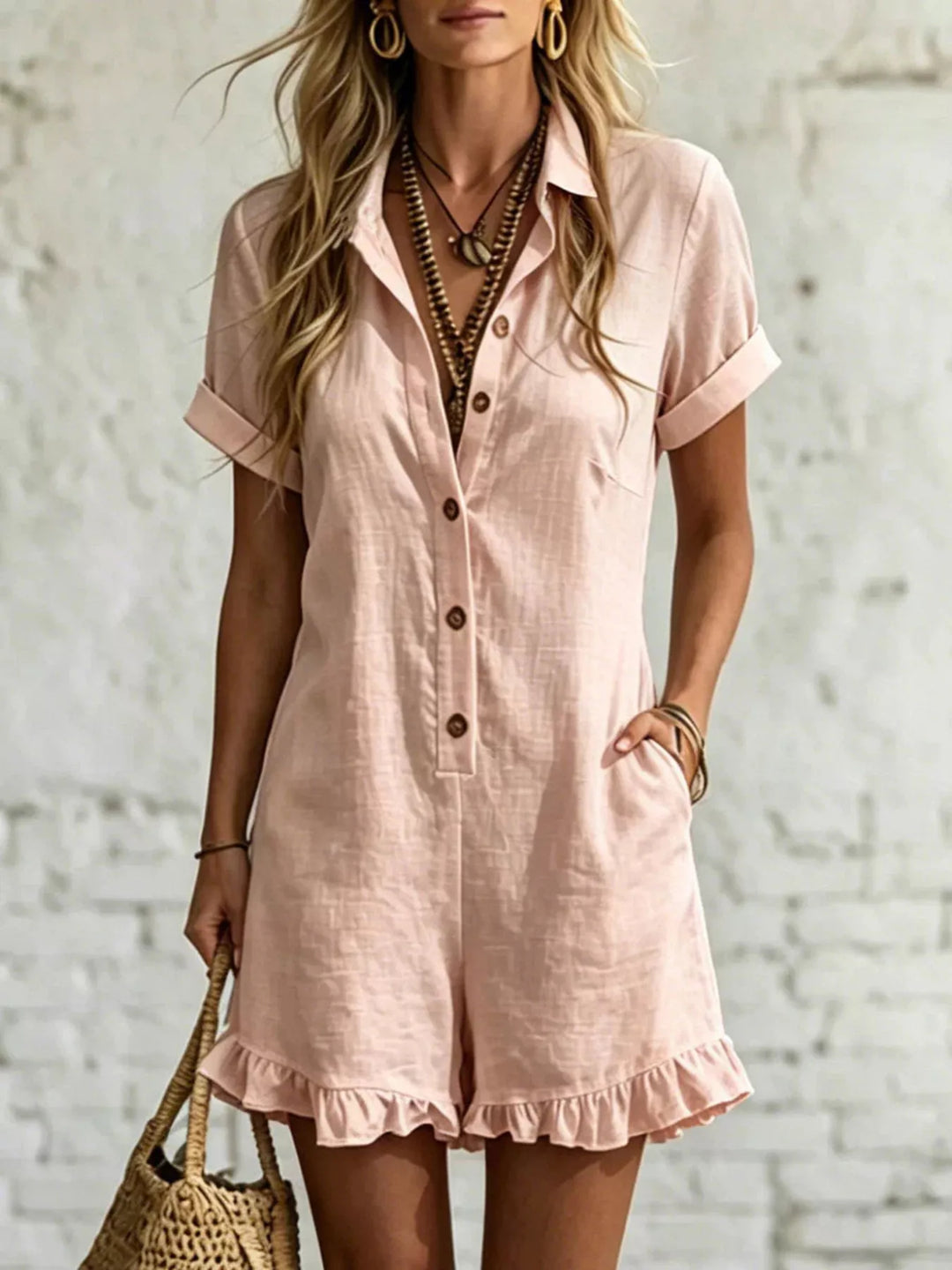 Blush pink button front romper with rolled short sleeves and ruffle hem