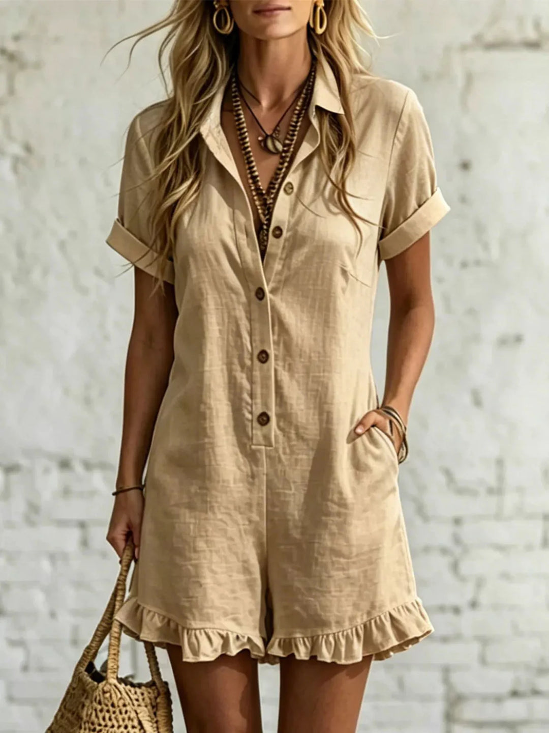 Khaki short sleeve romper with a collar, buttons and ruffle hem