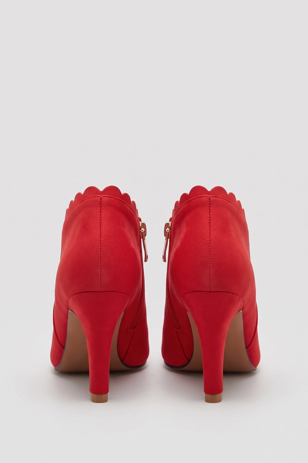 Women's Scalloped Ankle Boots | Zip Side — Red — shoe_back — on model