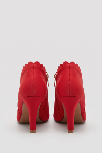 Women's Scalloped Ankle Boots | Zip Side — Red — shoe_back — on model
