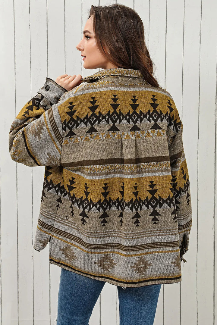 Geometric print button front raw-edge in camel, back view 2