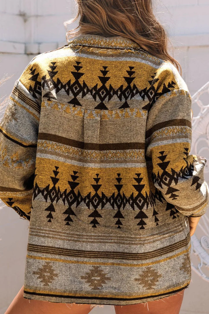 Geometric print button front raw-edge in camel, back view