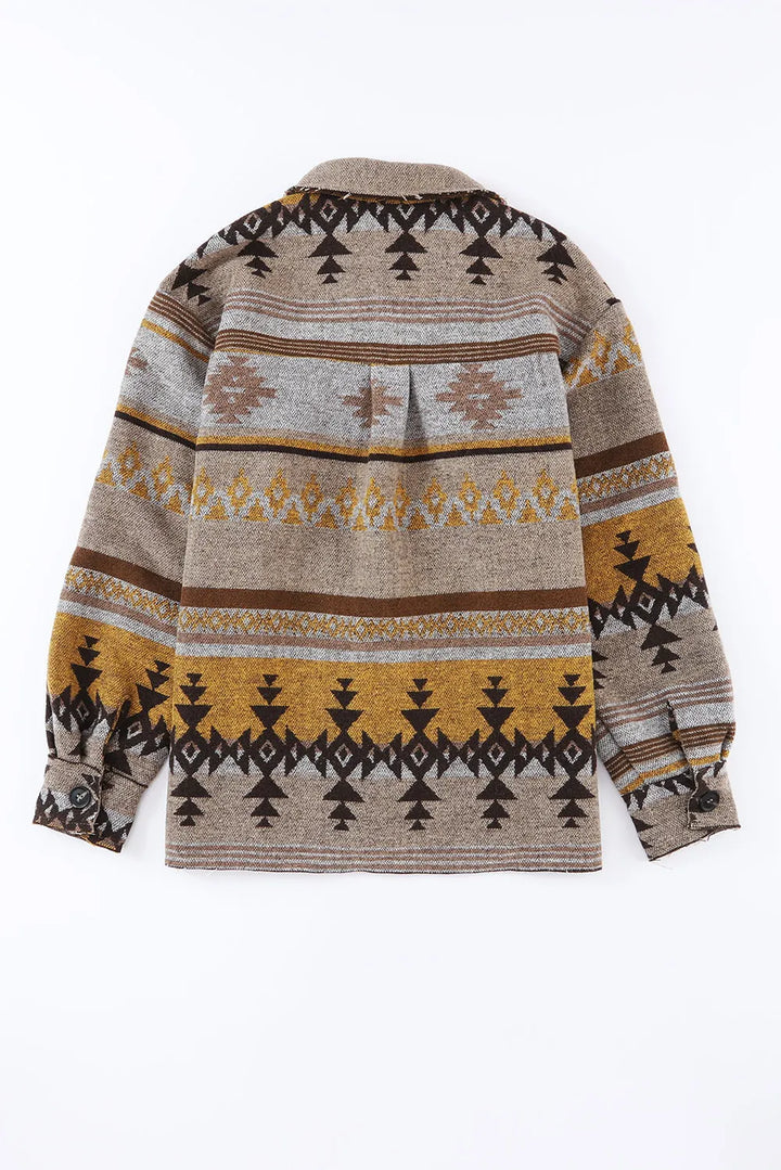 Geometric print button front raw-edge in camel, flat lay 2
