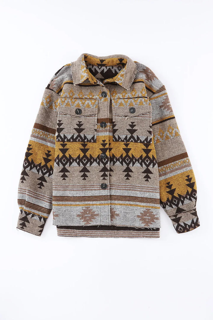 Geometric print button front raw-edge in camel, flat lay