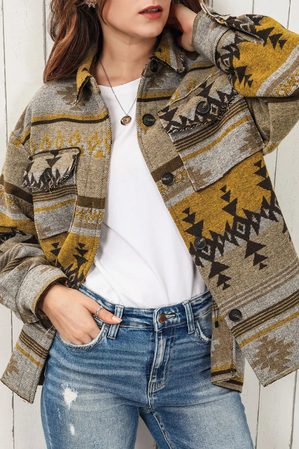Geometric print button front raw-edge in camel, front view 2