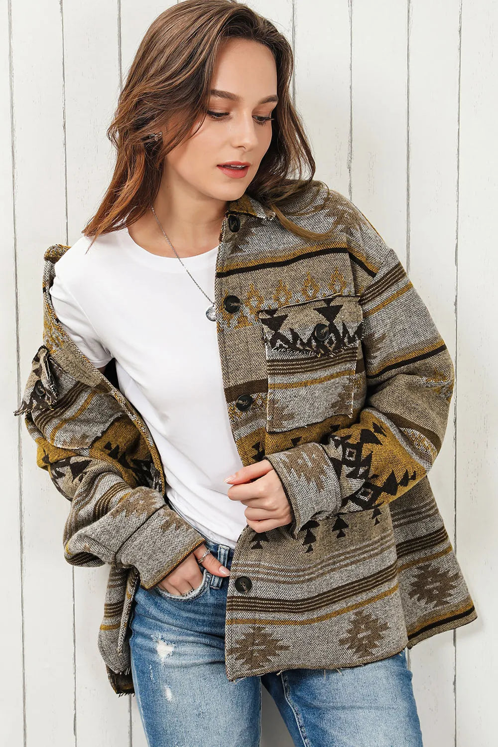 Geometric print button front raw-edge in camel, styled on model 2