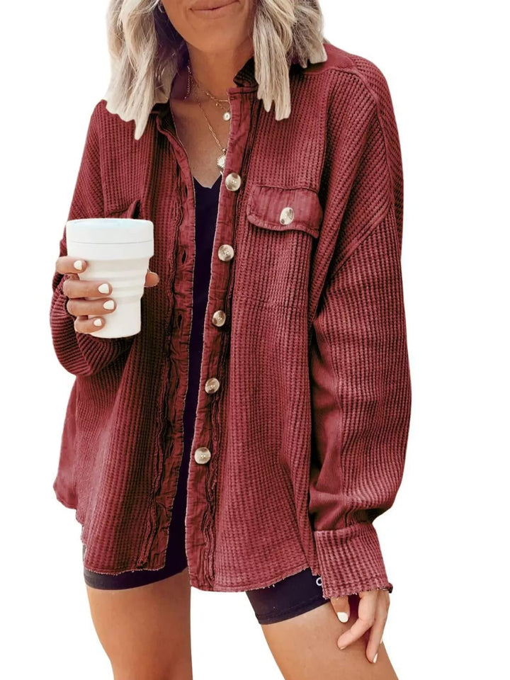Burgundy waffle knit shacket with chest pocket, buttoned front, styled with bike shorts