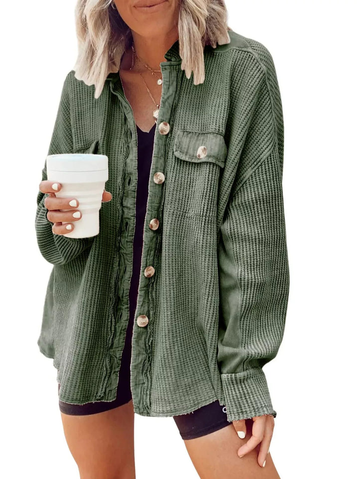 Light green button up shacket with chest pocket, relaxed oversized fit