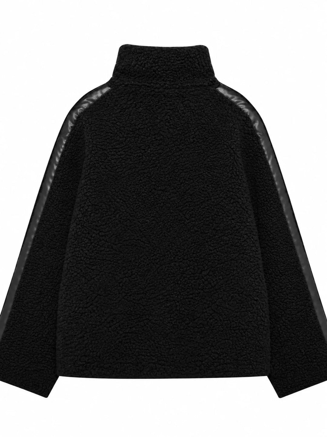 Stand collar full zip drawcord hem in black-ribbed, back view