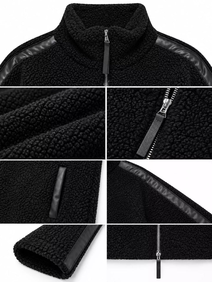 Stand collar full zip drawcord hem in black-ribbed, close-up detail