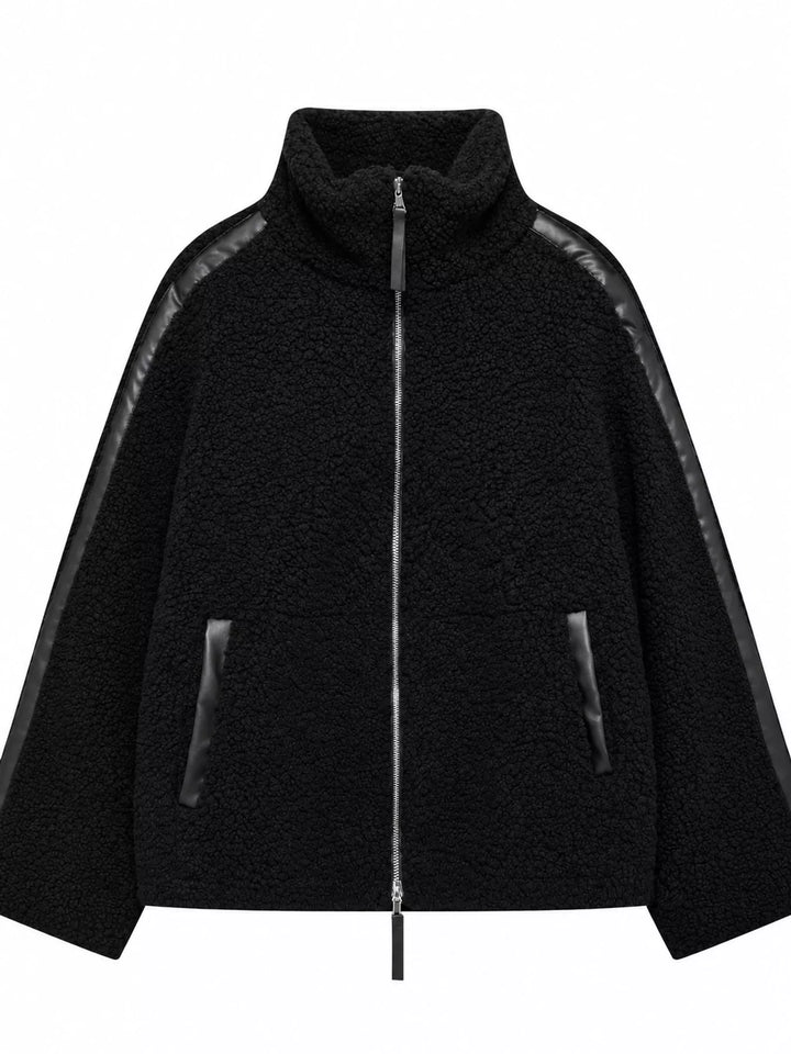 Stand collar full zip drawcord hem in black-ribbed, front view