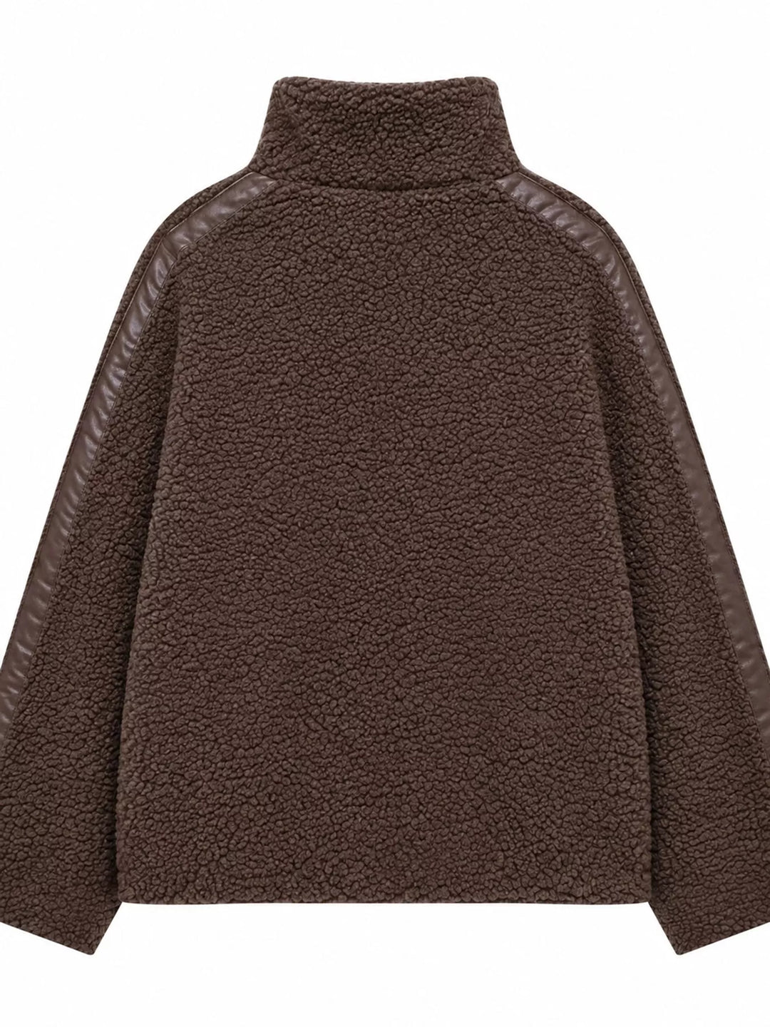 Stand collar full zip drawcord hem in coffee-ribbed, back view