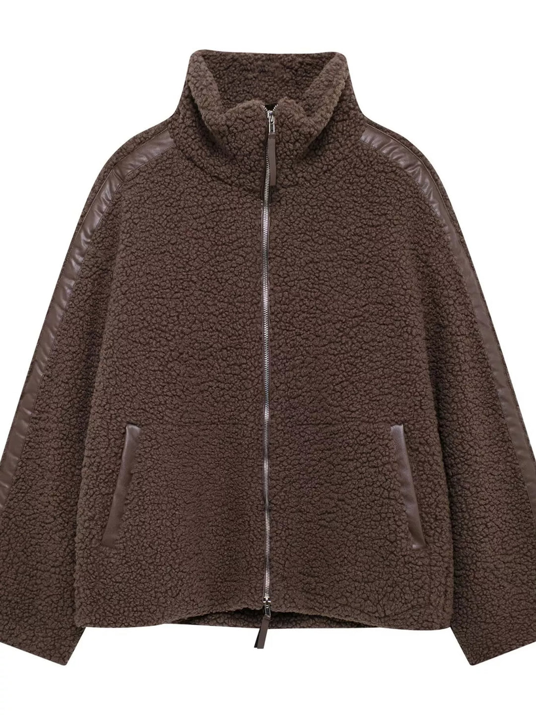 Stand collar full zip drawcord hem in coffee-ribbed, front view 2