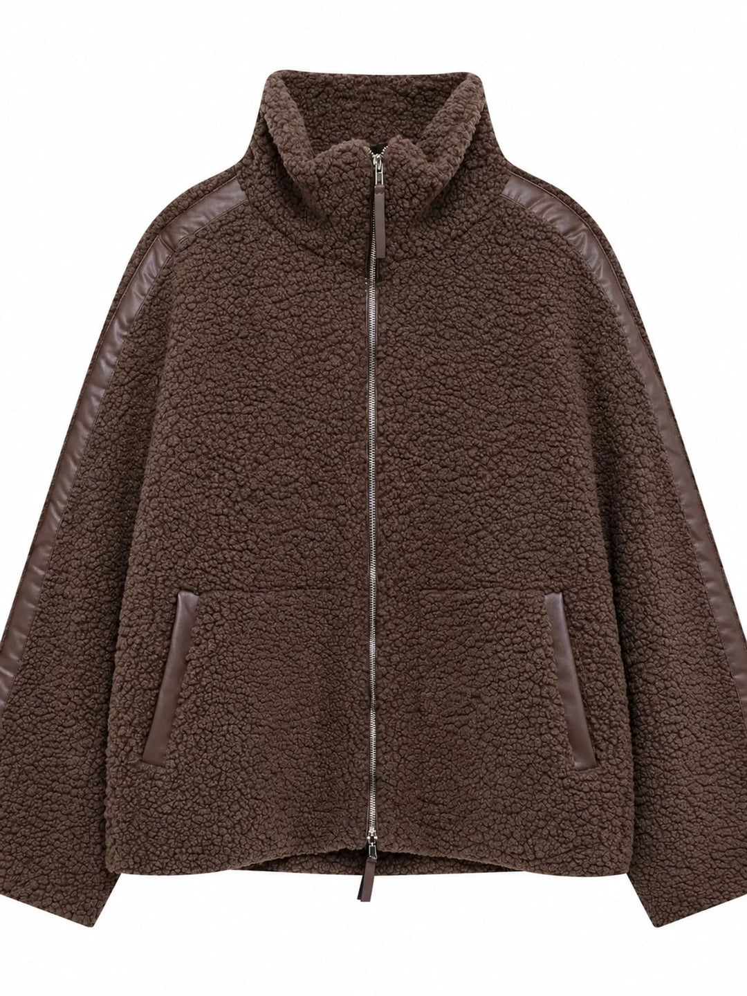 Stand collar full zip drawcord hem in coffee-ribbed, front view