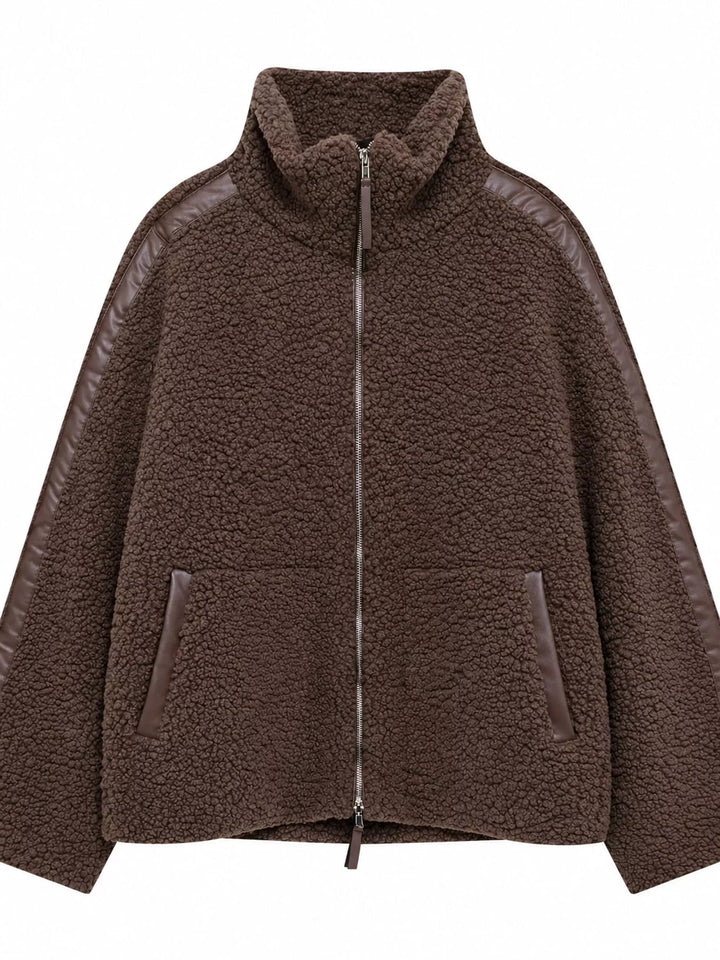 Stand collar full zip drawcord hem in coffee-ribbed, front view