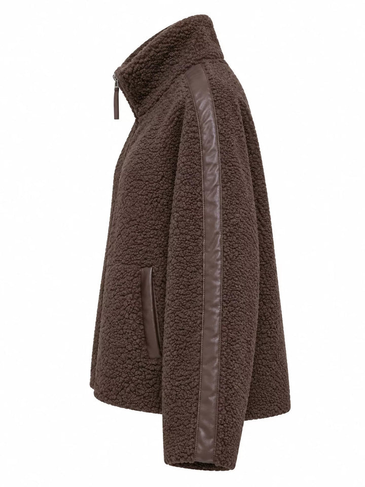 Stand collar full zip drawcord hem in coffee-ribbed, styled on model