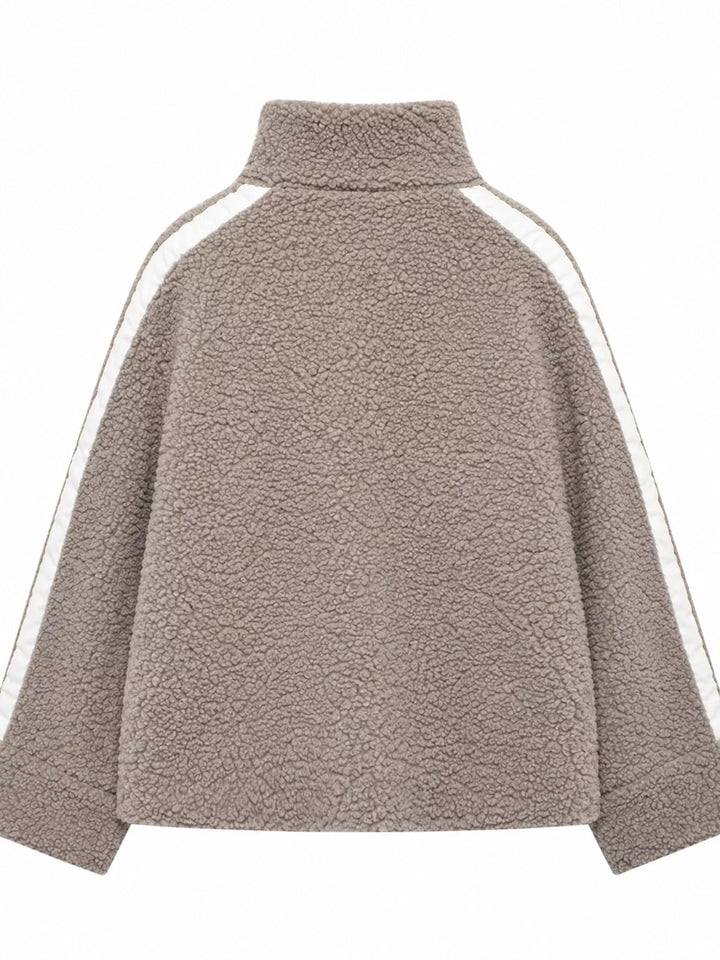 Stand collar full zip drawcord hem in khaki-ribbed, back view
