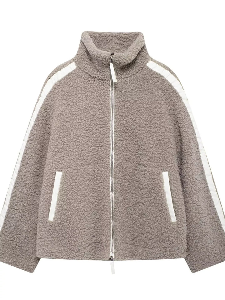 Stand collar full zip drawcord hem in khaki-ribbed, front view 2