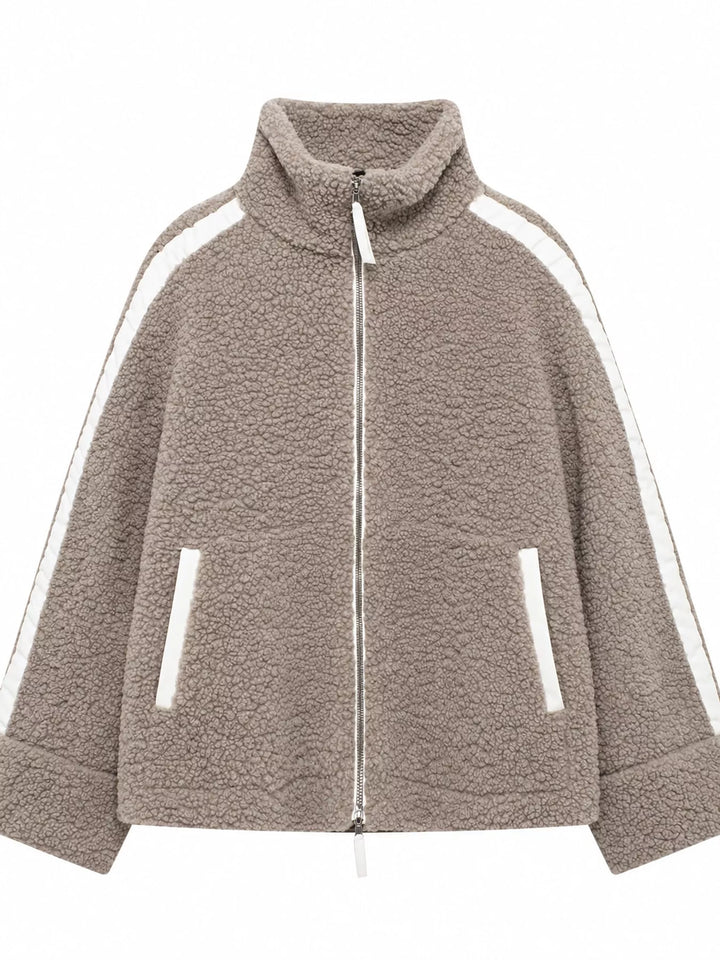 Stand collar full zip drawcord hem in khaki-ribbed, front view