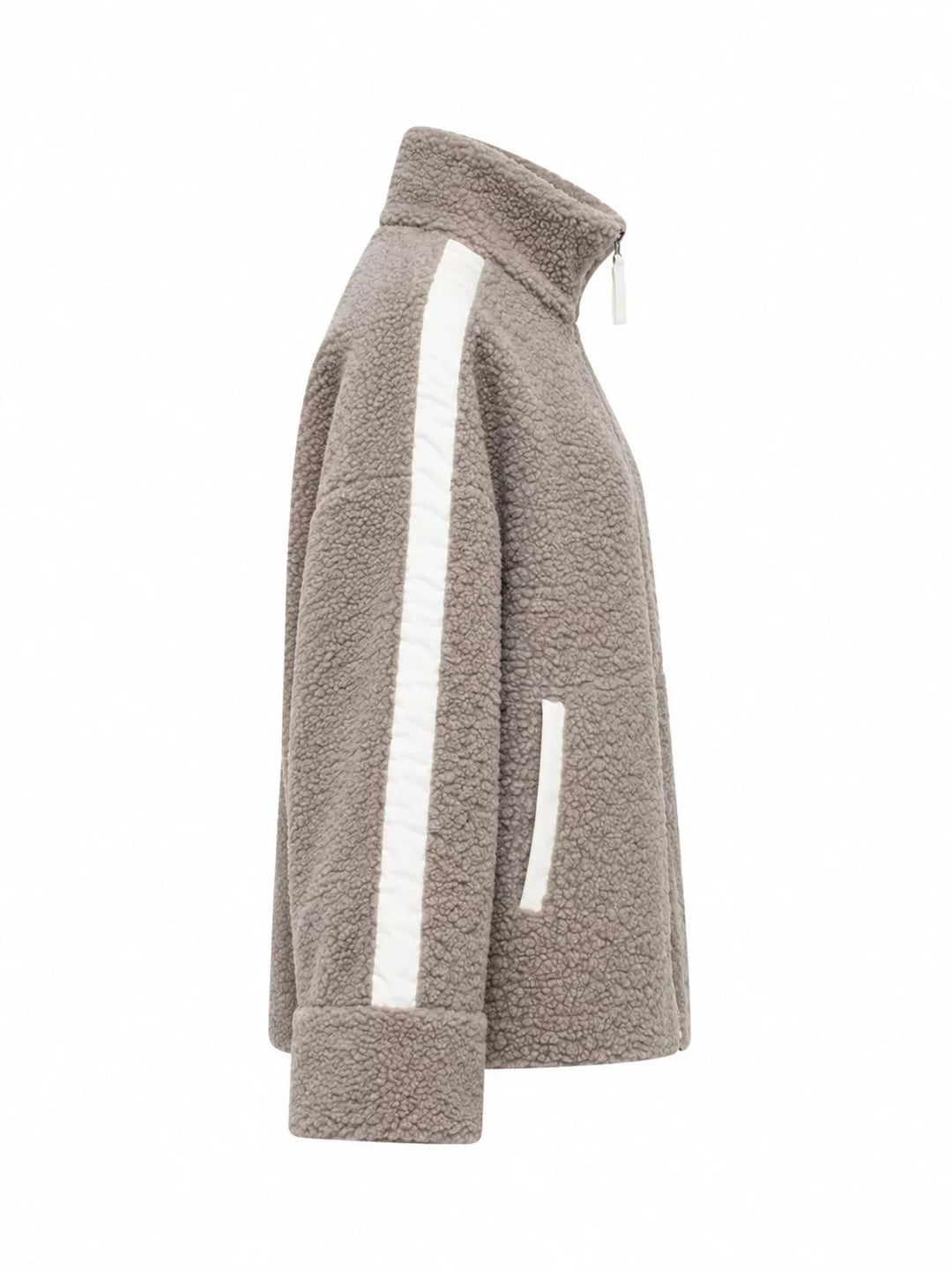 Stand collar full zip drawcord hem in khaki-ribbed, styled on model