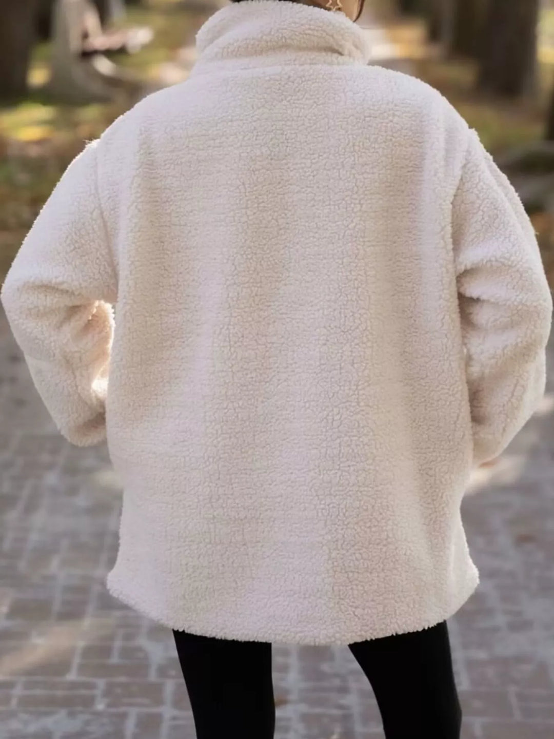 Stand collar full zip drawcord hem in off white, back view